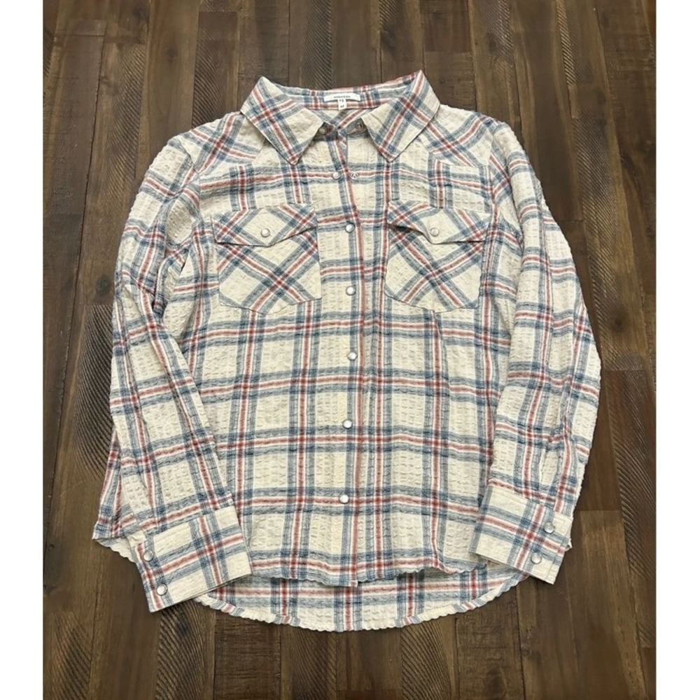 Maurices Plaid Button Down Shirt Medium Cream Red Blue
